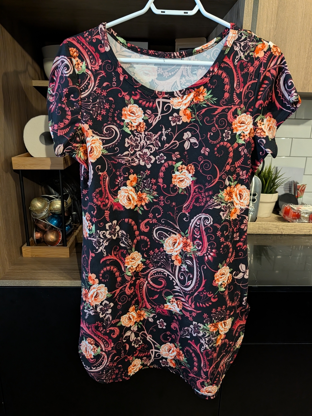 Floral Short Sleeve Scoop Neck Tee - Black with Pink & Peach Floral Print